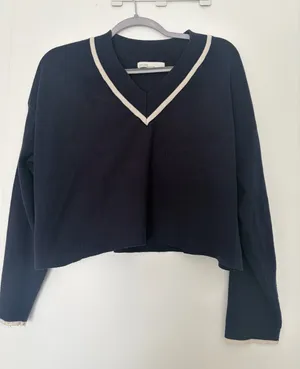 Oak + Fort Navy & cream Varsity Sweater thumbnail 1