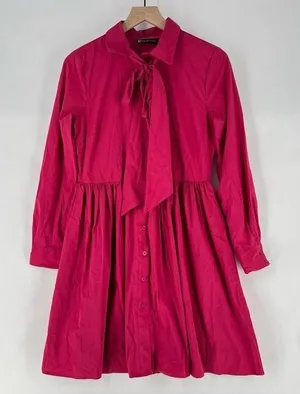 NY&C Pink Cotton Blend Button Front Tie Neck Pleated Fit & Flare Shirt Dress‎ thumbnail 1