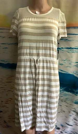 Calvin Klein Beige & White Striped Knit Dress with Mesh Yoke SZ 8 NWT thumbnail 1