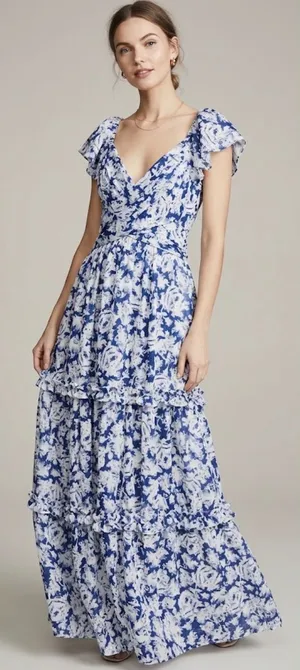 AQUA Blue White Floral Metallic Ruffle Maxi Dress Size Extra Small NWT thumbnail 1