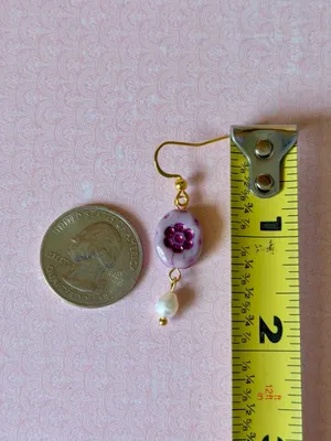 Handmade quality floral Czech glass beads & freshwater pearls fairy chic cottage dangle earrings 💐💜 thumbnail 6