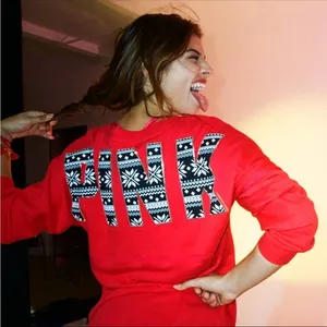 PINK - Victoria's Secret VS Pink Red Fair Isle Sequin Varsity Crew thumbnail 1