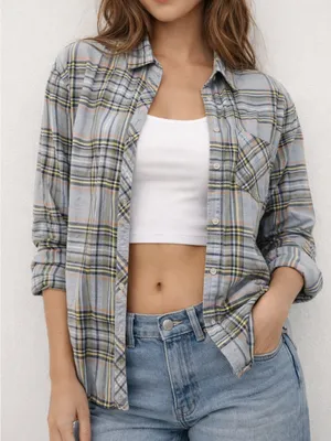 Aerie Plaid Button-Up Shirt – Light Blue/Orange/Gray – Size M thumbnail 1