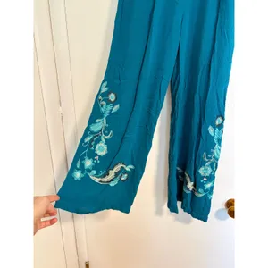 Curations Teal Blue Embroidered Wide Leg Pants Boho Crinkle Viscose Pockets M thumbnail 2