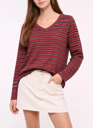 Eddie Bauer Rust/Black/Cream Striped Long Sleeve V-neck Shirt thumbnail 1