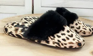Victorias Secret Leopard Print Faux Fur Trim Satin Slippers‎ Tan Black Medium thumbnail 1