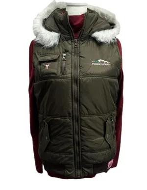Pennsylvania Embroidered Olive Green Faux Fur Trim Puffer Vest Size Medium thumbnail 2