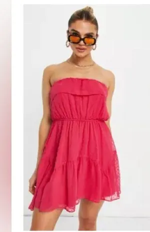 NWOT ASOS DESIGN Ruffle Bandeau Mini Skate Dress With Belt In Textured Hot Pink thumbnail 1