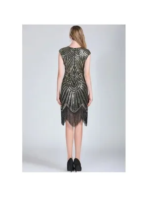 1920 Gold Sequin Fringed Gatsby Flapper Cocktail Dress Costume Accessories LARGE thumbnail 5