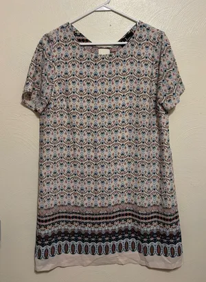 Vibe Boho Border Print Shift Dress Women’s Medium Short Sleeve Lined thumbnail 1