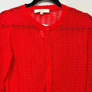 LOFT Red Pointelle Scalloped Button Front Cardigan Sweater Womens Medium thumbnail 3