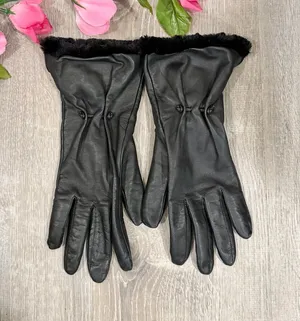 Fownes Vintage Black Leather Faux Fur Trim Long Gauntlet Gloves XL Quiet Luxury thumbnail 1