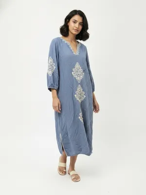 Soft Surroundings Embroidered Boho Midi Dress Gauze Coastal Linen Lagenlook Med thumbnail 2