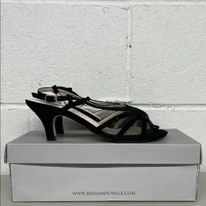 New nib Benjamin walk touch ups sz6.5 black rhinestone open toed strappy heels thumbnail 2