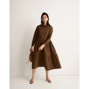 NEW Madewell Brown Pleated Long Sleeve Tiered A Line Midi Shirt Dress Size L thumbnail 3