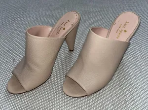 Kate Spade Pink Nude Pebble Leather Peep Toe Cone Heel Mules Classic Sz 8 thumbnail 3