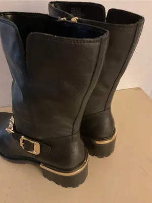 Vince Camuto women Black Leather biker moto Mid-Calf with Gold Chain boots US 8 thumbnail 4