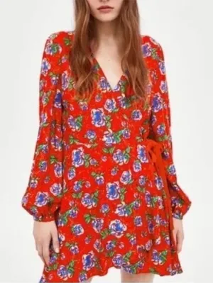 Zara Floral Long Sleeve Mini Wrap Dress in Red‎ Size Medium thumbnail 1