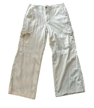 American Eagle Women Cream Wide Leg Cargo Pants Size 14 Stretch Lyocell Utility thumbnail 1