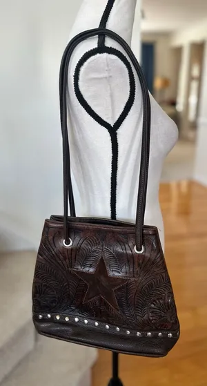 Handmade Vintage 90s Western Brown Tooled Leather Studded Suede Star Shoulder Bag thumbnail 1