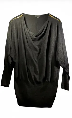 Metaphor Black Cowl Neck Long Sleeve Pullover Sweater with Gold Tone Shoulder Zi thumbnail 1