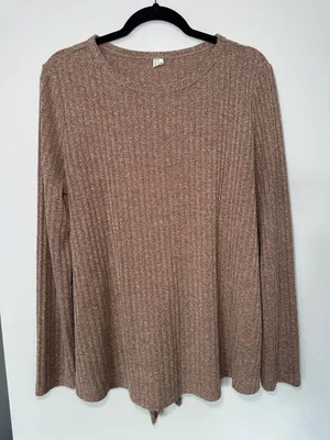 Tie-Back Ribbed Knit Long Sleeve Top Size XL Brown thumbnail 2