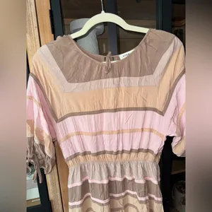 Storia Neopolitan stripes midi dress peach beige short sleeve bows elastic waist thumbnail 6