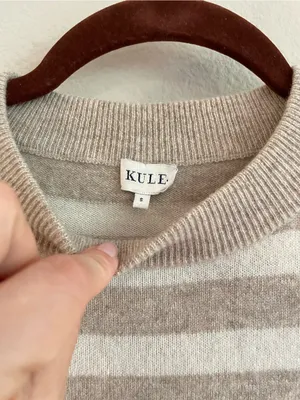 KULE 100% Cashmere Striped Classic Round Neck Pullover Sweater Size Small Tan thumbnail 3