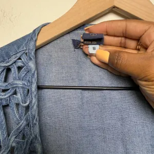 VTG Y2K Women 100% Cotton Western Vest Large Blue Denim Lattice Crochet Cowgirl‎ thumbnail 6