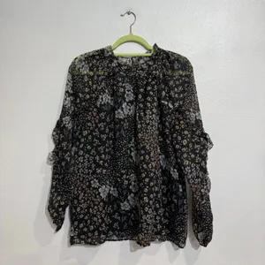 LOFT Black Floral Sheer Ruffle Sleeve Mock Neck Blouse Sz M thumbnail 2