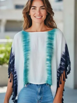 NWT Free People Tie Dye Fringe Batwing Short Sleeve Tee Blouse Top Blue Shirt thumbnail 1