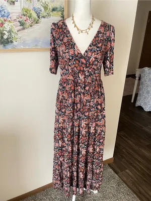 Boden Floral Jersey Knit Short Sleeve Tiered Faux Wrap Maxi Dress US 4R thumbnail 2