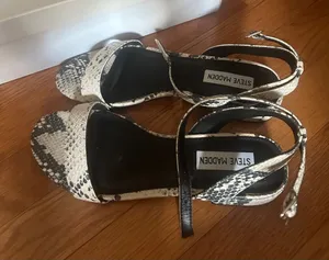 Steve Madden Snake-Print Ankle Strap Sandals in Black & White thumbnail 1