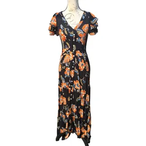 Patrons of Peace 39G Womens Black‎ Floral Rayon Button Front Ruffle Maxi Dress S thumbnail 2