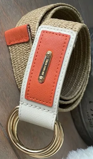 Michael Kors Woven Straw Belt Tan Orange White Leather Gold D-Ring Buckle 42" thumbnail 1