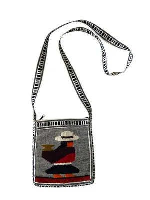 Handmade Wool Mexican Mini Crossbody Bag Gray One Size Coastal Festival Hippie thumbnail 9