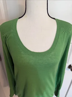 Loft| Green Scoop Neck Lightweight Long Sleeve Sweater with ribbed accents thumbnail 2