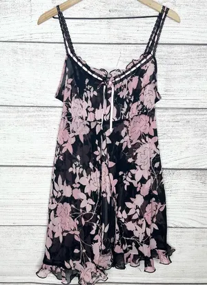 Vintage California Dynasty Sheer Black & Pink Floral Chemise Lingerie Size Large thumbnail 1
