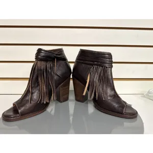 Bed Stu Onset Olivia Women's 6.5 Peep Toe Fringe Booties Brown Leather Heel Boho thumbnail 7