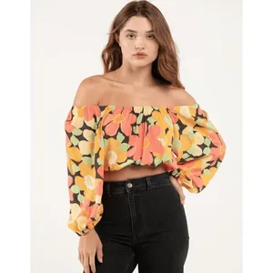 Billabong Yellow Orange Pink Floral Sun City Puff‎ Sleeve Crop Blouse Large thumbnail 7