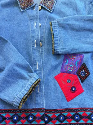 VTG Chico's‎ Design Beaded Mirror Denim Jacket Sz 3 L Boho Festival Cottagecore thumbnail 9