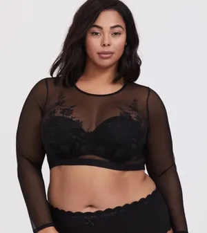 Torrid Curve Womens 1 1X Black Sheer Mesh Floral Embroidered Top Long Sleeve thumbnail 1