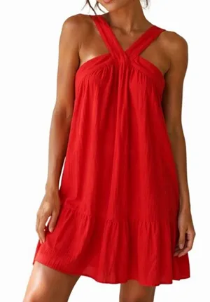 Band of the Free Blood Orange/Red Solid Crinkle Ruffle Shift Mini Dress L thumbnail 1