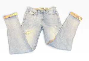 Gap 1969 Best Girlfriend Jeans 27T Light Wash Distressed Camo Trim Cuff cropped thumbnail 1