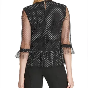 NWT DKNY XS Black Polka Dot Mesh Peplum Blouse Sheer 3/4 Ruffle‎ Sleeve Top thumbnail 2