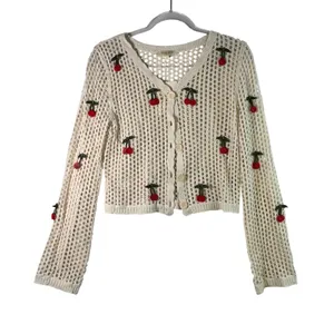 Coquette Festival Cherry Crochet Cardigan Cotton Open Knit Cream XS NWT Softgirl thumbnail 1