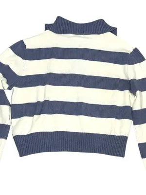 Happy Grey Striped Mock Neck Cotton Cropped Sweater Preppy Coquette thumbnail 4