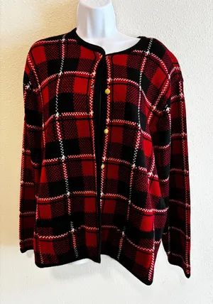 Vintage Liz Baker Cardigan XL Red Black‎ Plaid Gold Button Dark Academia Sweater thumbnail 1