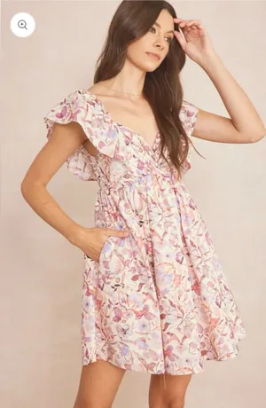 Fourteen & 9th Pastel Pink Floral Ruffle V-Neck Mini Dress thumbnail 1