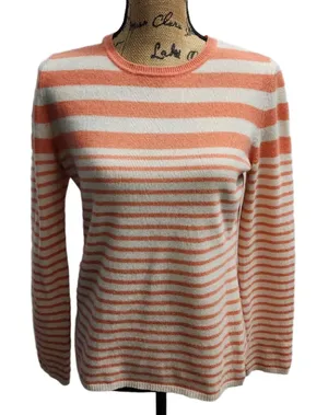 Lord And Taylor Sweater Womens Size Medium White Orange Striped Crew‎ Neck Cozy thumbnail 1